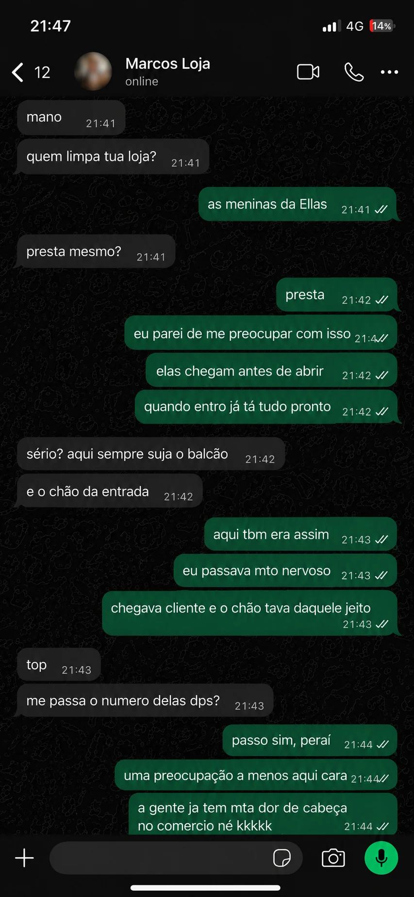 Print autorizado de conversa no WhatsApp sobre limpeza comercial feita pela ELLAS