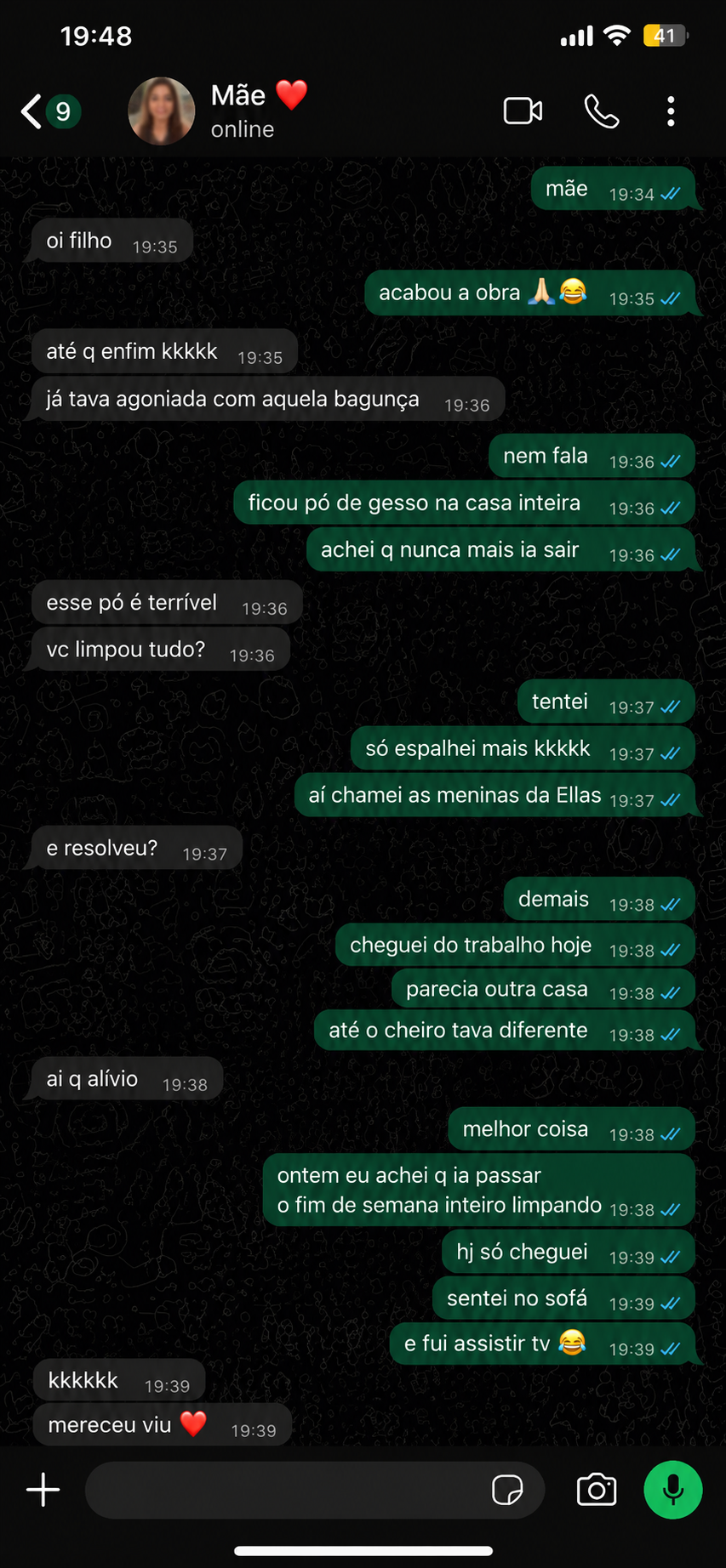 Print autorizado de conversa no WhatsApp sobre limpeza pós-obra feita pela ELLAS