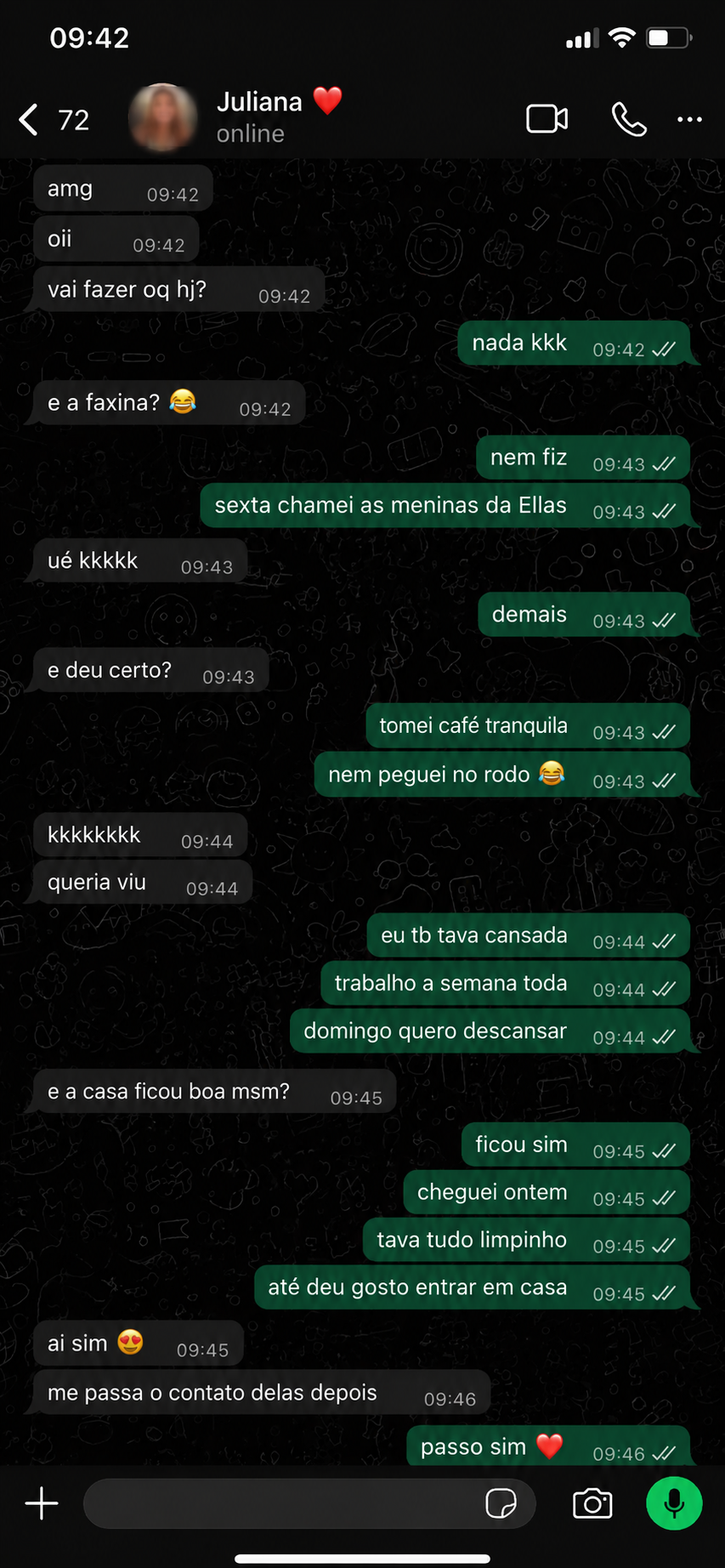 Print autorizado de conversa no WhatsApp sobre limpeza residencial feita pela ELLAS