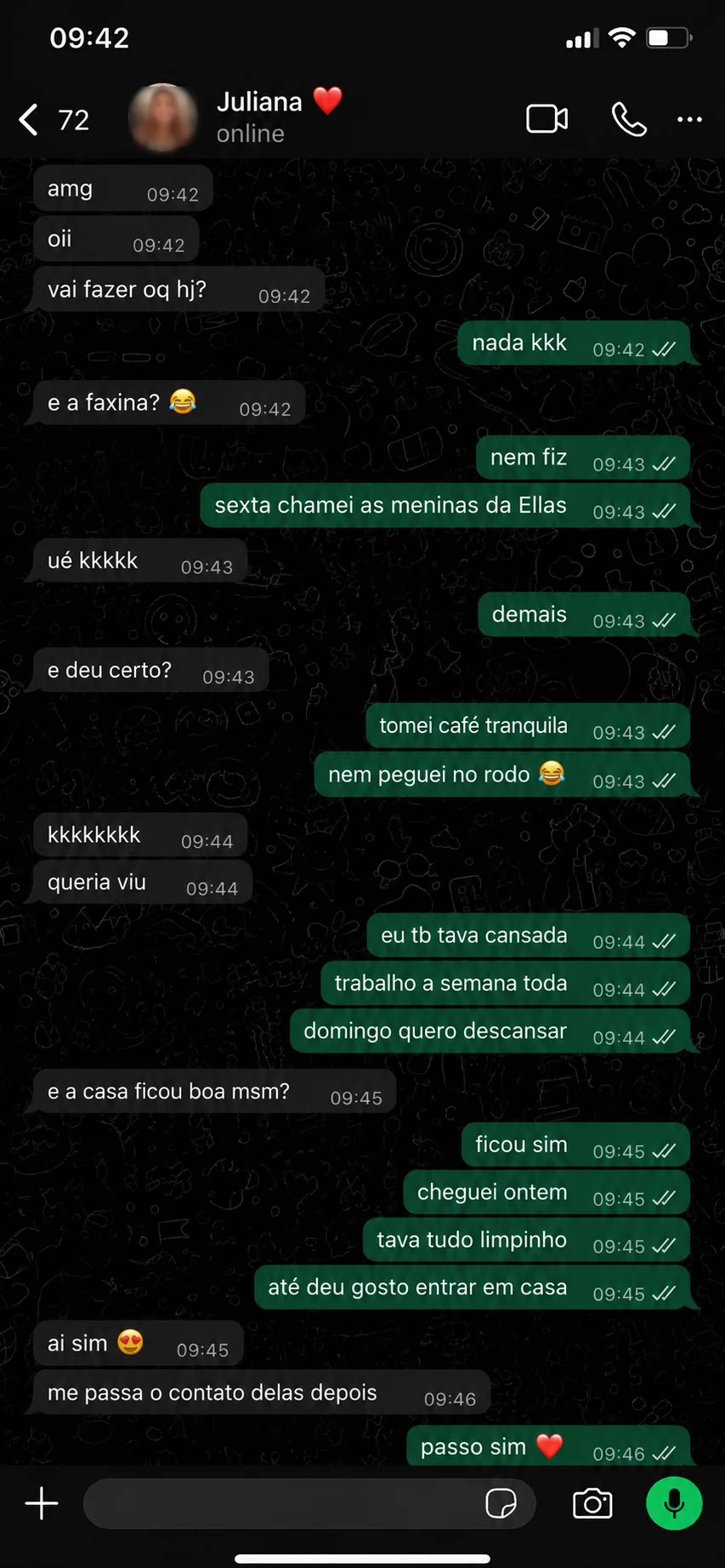 Print autorizado de conversa no WhatsApp sobre limpeza residencial feita pela ELLAS