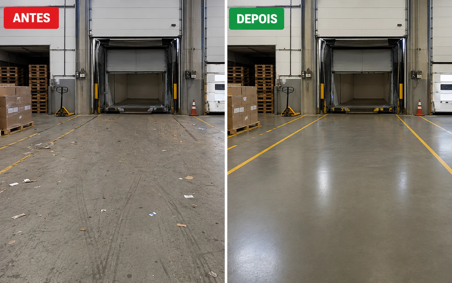 Antes e depois da higienização de uma doca de recebimento e expedição.