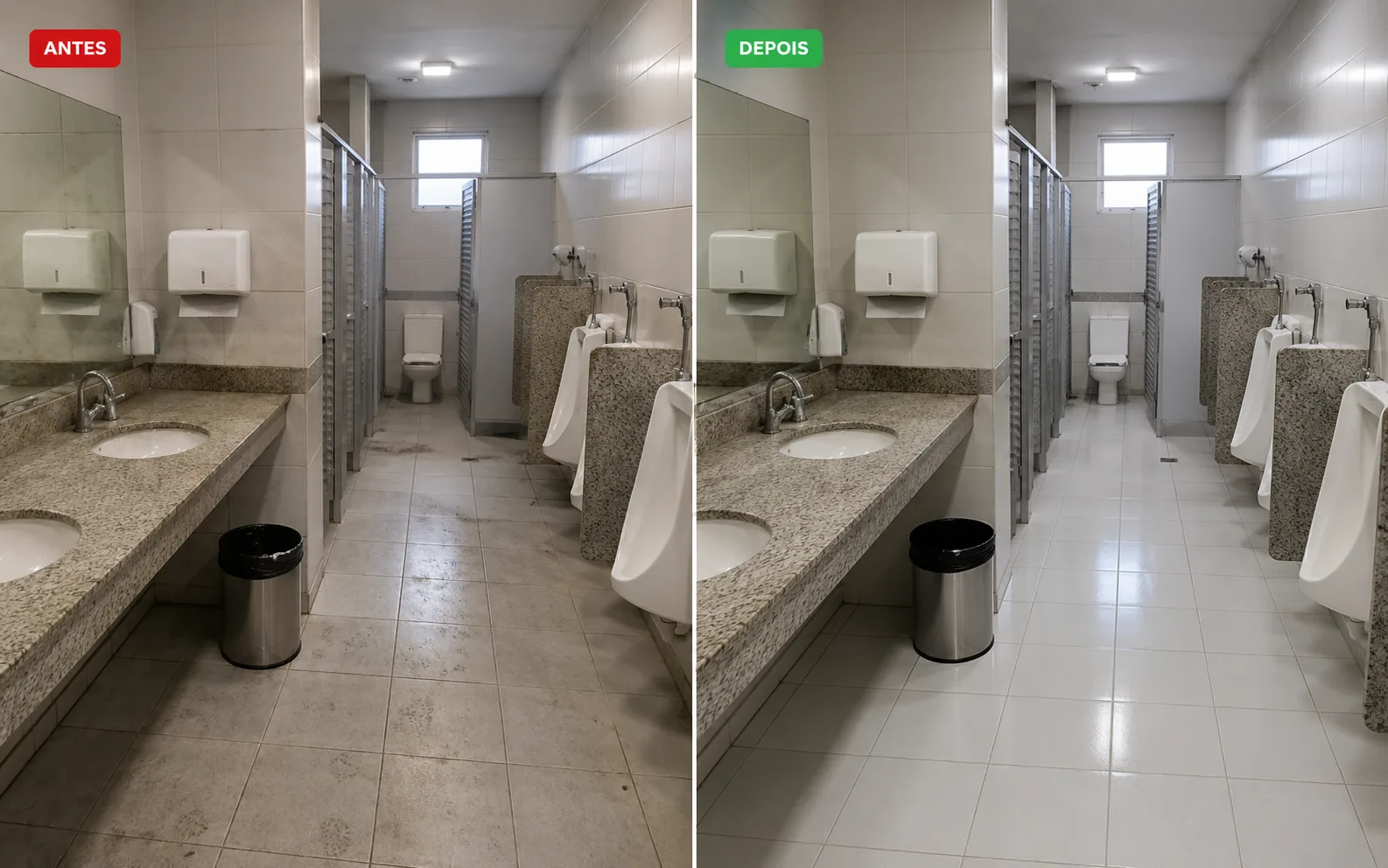 Antes e depois da higienização de sanitários corporativos em uma empresa de logística.